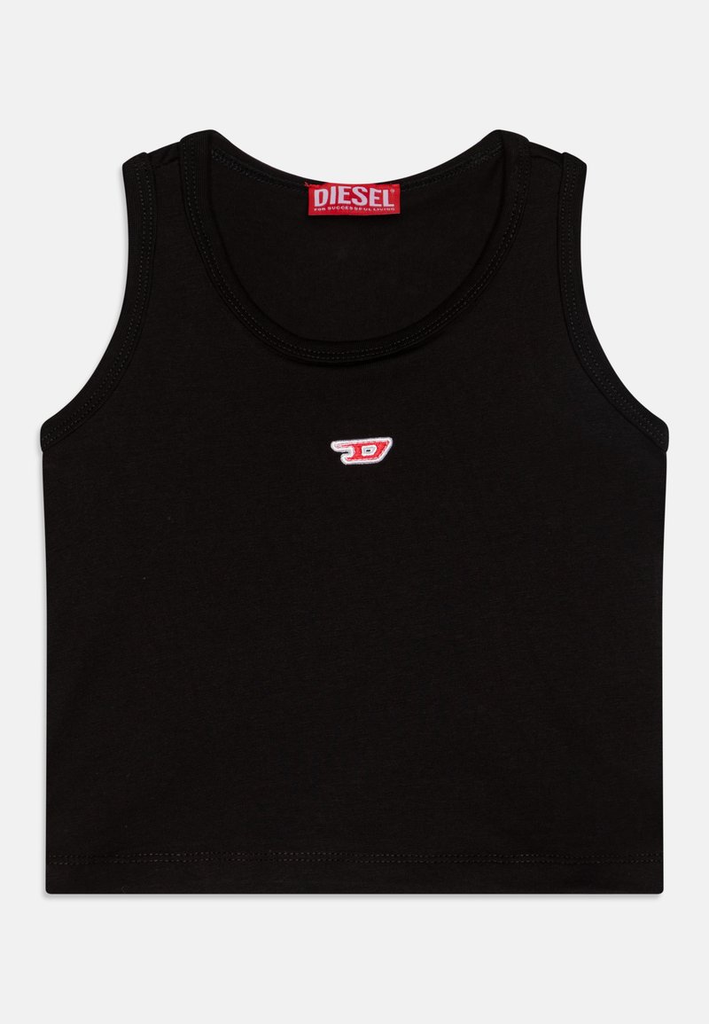 Canotta nera in cotone, con scollatura rotonda e spalline larghe. Presenta un piccolo logo Diesel rosso e bianco sul davanti.