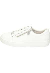 White sneaker made of smooth leather with a round toe, lace-up design, side zipper detail, and rubber sole.