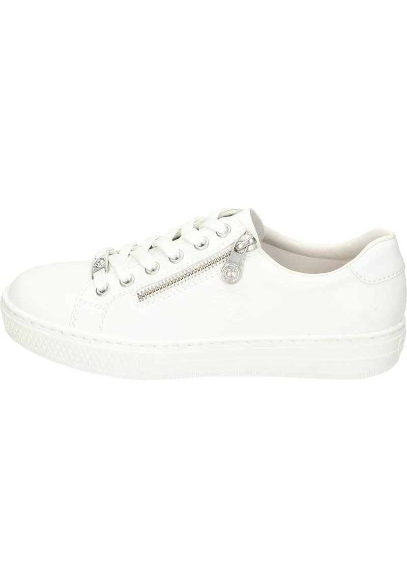 White sneaker made of smooth leather with a round toe, lace-up design, side zipper detail, and rubber sole.