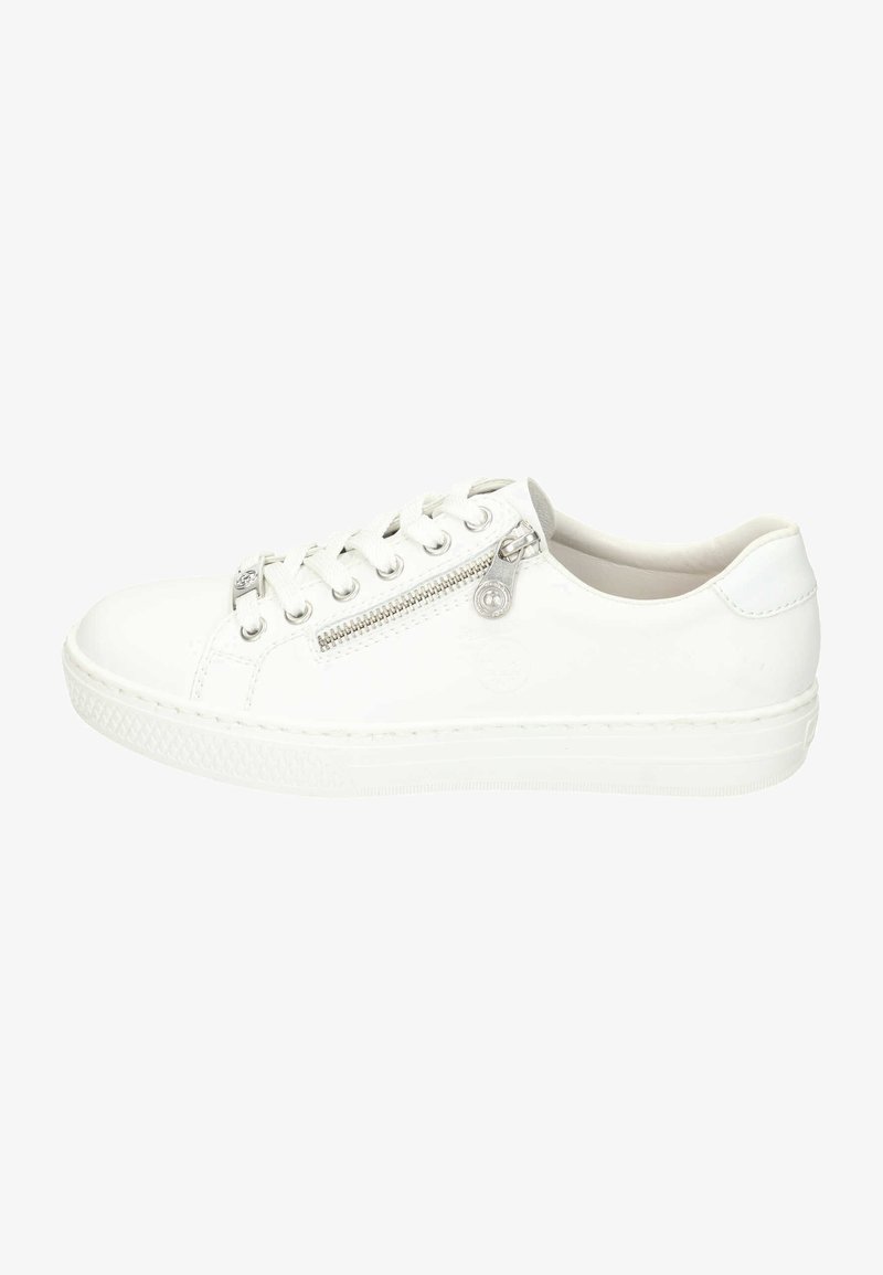 White sneaker made of smooth leather with a round toe, lace-up design, side zipper detail, and rubber sole.