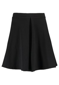 Svart utsvängd kjol i mjukt tyg, med en slits framtill. Designen är knälång med en slät yta och en elastisk midja.