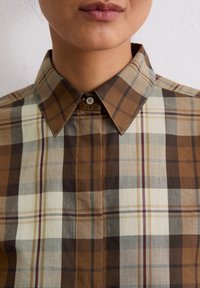 Gros plan sur une personne portant une chemise à carreaux marron, beige et gris avec un col pointu, sur fond blanc uni.