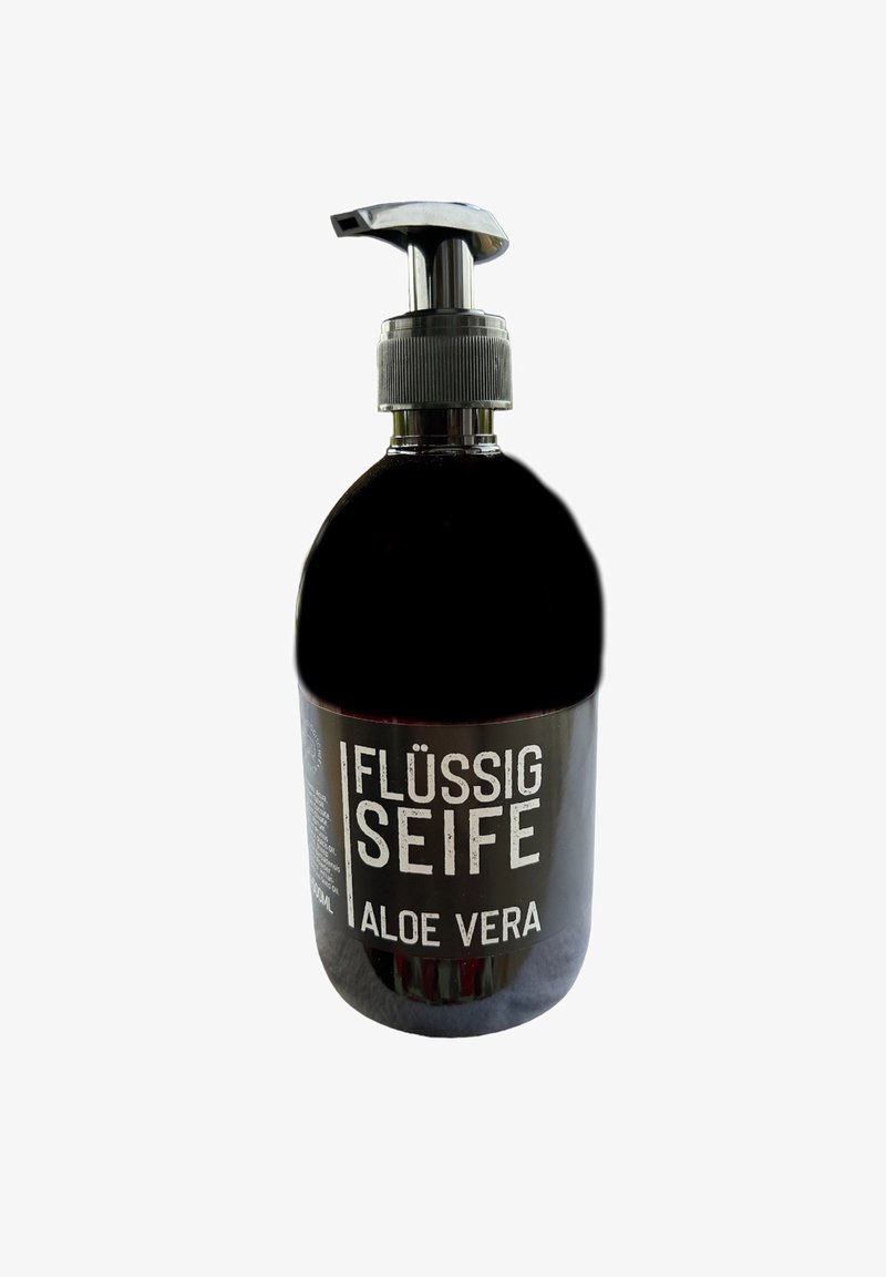 Black plastic pump bottle labeled "Flüssig Seife Aloe Vera." Features a silver pump top. Contains liquid soap for handwashing.