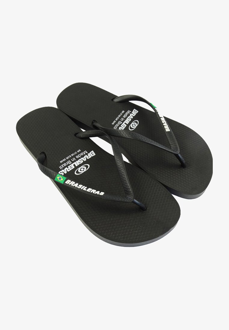 Chanclas de goma negras con suelas texturizadas y correas negras. Presentan "BRASILERAS" y el logo de la marca impresos en blanco en la planta.