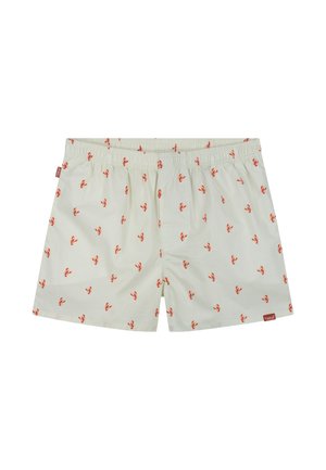 Hvite herreboxershorts med rødt hummertrykk og elastisk midjebånd, lagt flatt på hvit bakgrunn.