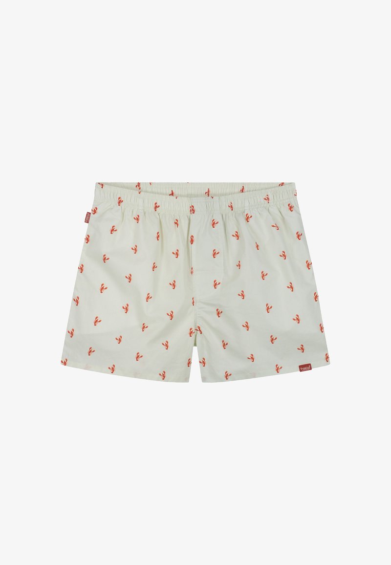 Boxer pour hommes blancs avec imprimé homard rouge et ceinture élastique, posé à plat sur un fond blanc.