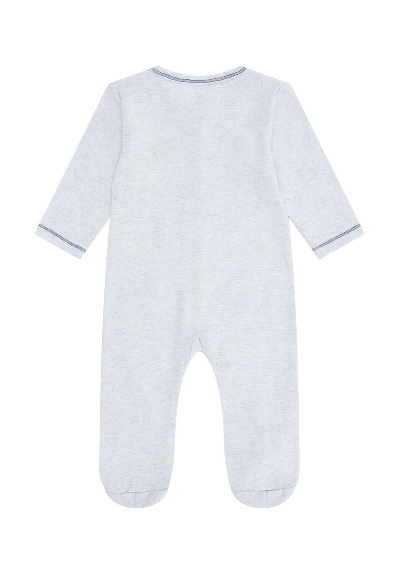 Helles graues Baumwollbaby-Body mit langen Ärmeln, füßigem Design und kontrastierendem marineblauen Stich an Kragen und Bündchen.