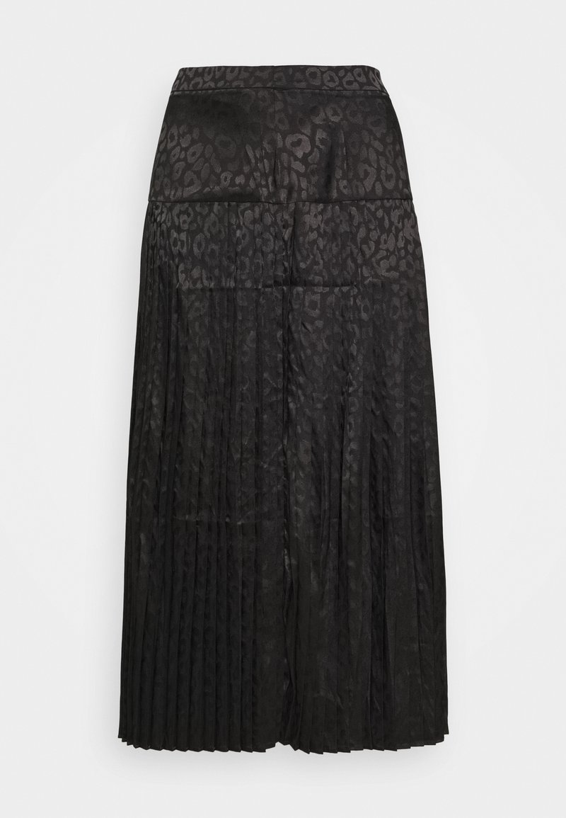 Jupe midi plissée noire avec un motif léopard subtil et une taille ajustée.