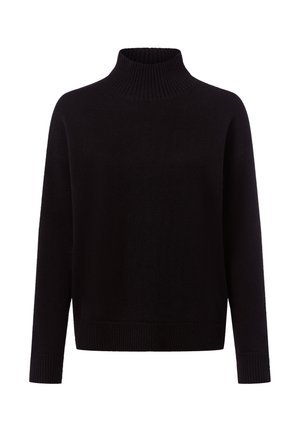 Pull à col roulé noir en tricot doux. Dispose de manches longues, d'un col et d'un ourlet côtelés pour ajouter de la texture.