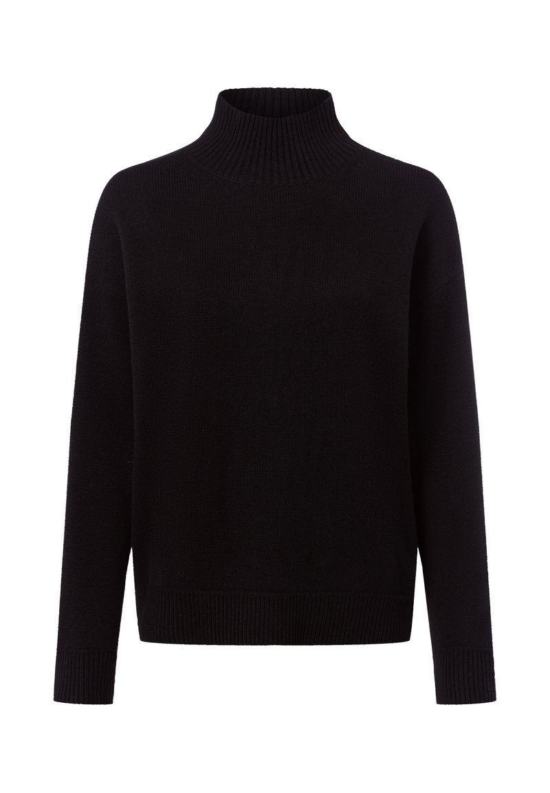 Pull à col roulé noir en tricot doux. Dispose de manches longues, d'un col et d'un ourlet côtelés pour ajouter de la texture.