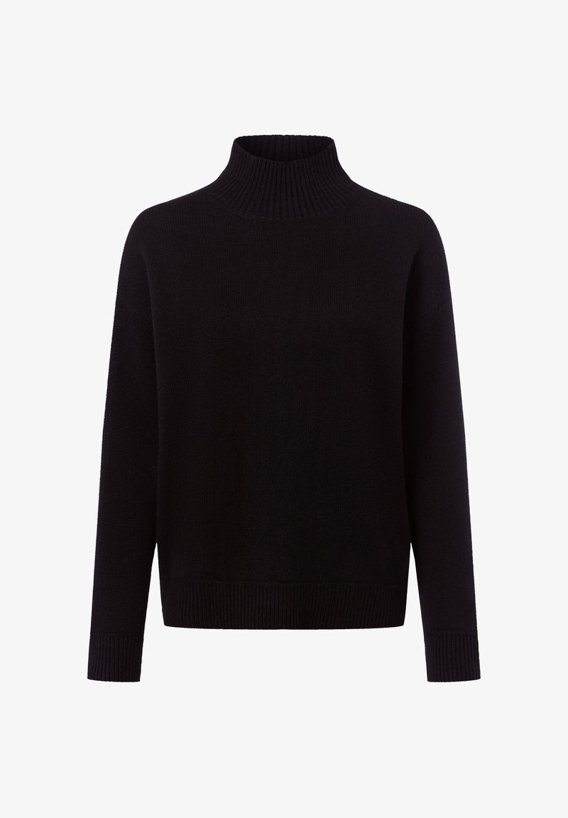Pull à col roulé noir en tricot doux. Dispose de manches longues, d'un col et d'un ourlet côtelés pour ajouter de la texture.