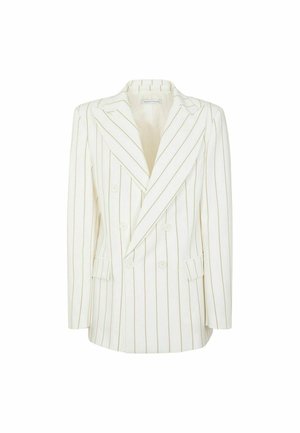 Blazer bianco doppiopetto con sottili righe verticali beige, ampi revers e tasche con pattina, mostrato su uno sfondo semplice.
