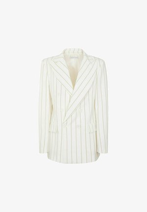 Blazer bianco doppiopetto con sottili righe verticali beige, ampi revers e tasche con pattina, mostrato su uno sfondo semplice.