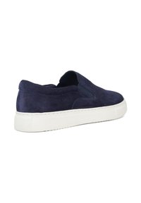 Navy suede slip-on shoes with a white rubber sole, featuring no visible laces and a smooth texture. Includes side elastic accents.