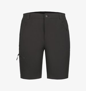 Schwarze knielange Shorts mit Knopfverschluss, seitlicher Reißverschlusstasche und Gürtelschlaufen auf weißem Hintergrund.