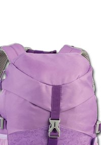 Purple backpack with padded fabric, adjustable straps, and a textured lower panel featuring a repeated unicorn pattern. Silver hardware accents.