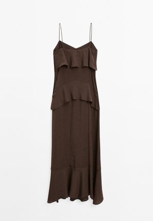 Brown midi dress with thin spaghetti straps, featuring layered ruffles at the bodice and hem, made of soft fabric with a smooth texture.