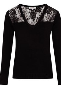 Pull noir à manches longues, col en V, détails floraux en dentelle sur les épaules, et ourlet côtelé. Texture douce et coupe ajustée.