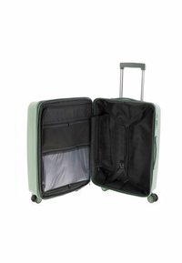 Valigia rigida di colore verde menta, con interni neri dotati di tasche in rete, cerniere e cinturini regolabili. Due ruote retrattili lisce.
