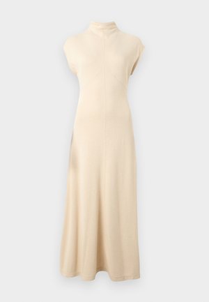 Beige sleeveless dress with a high collar, made of soft fabric. Features a fitted bodice and a flared skirt, with seamless detailing.