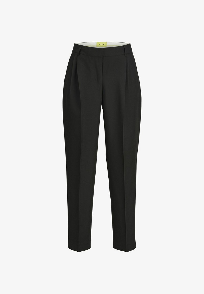 Svarta skräddarsydda byxor med hög midja, framfägg och avsmalnande ben. Har en slät textur och en gul varumärkesetikett inuti.