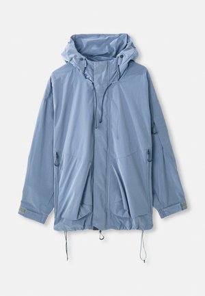 Light blue jacket with a hood, adjustable drawstrings, two front pockets, and elastic cuffs. Made of water-resistant material with a smooth texture.