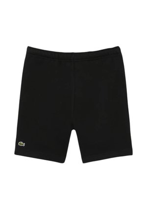 Pantaloncini neri con vita elastica e piccolo logo verde coccodrillo sulla parte inferiore della gamba sinistra, design semplice, senza tasche o chiusure visibili.