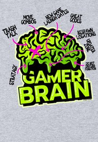Zelená grafika mozku s černým obrysem, obsahující textové popisky jako "GAMER BRAIN" tučným písmem. Růžové akcenty ukazují na herní pojmy.
