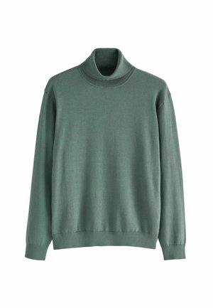 Green turtleneck sweater made of soft fabric. Features a ribbed collar, long sleeves, and a straight cut design.