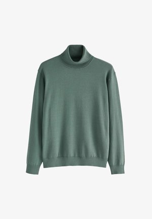 Green turtleneck sweater made of soft fabric. Features a ribbed collar, long sleeves, and a straight cut design.