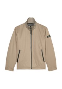 Beige Zip-Jacke mit hohem Kragen, zwei Seitentaschen und einem Logo-Patch am Ärmel. Hergestellt aus glattem, weichem Material.