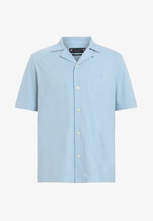 Lys blå kortærmet skjorte i blødt stof med knaplukning fortil, klassisk krave og subtil brodering af brandlogoet. Ensartet tekstur.