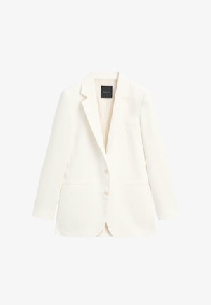 Blazer blanc cintré avec revers en encoche, deux boutons, manches longues et poches passepoilées, présenté à plat sur un fond blanc.