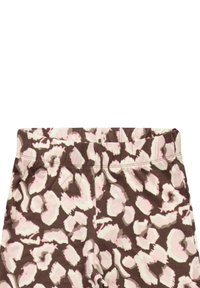 Bruine leggings met een roze en roomkleurig abstract panterprintontwerp, voorzien van een elastische tailleband en een zachte stofstructuur.