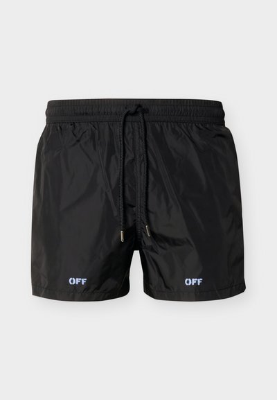 Shorts de bain noirs avec taille élastique et cordon noir, comportant un petit texte blanc "OFF" sur le devant de chaque jambe.