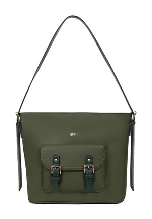 Sac à main rectangulaire vert olive avec une poche avant sécurisée par deux sangles vert foncé à boucle et une seule bandoulière.