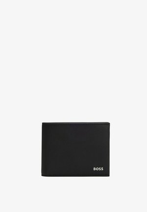Portafoglio nero in pelle bifold con finitura testurizzata e piccolo logo argento "BOSS" nell'angolo in basso a destra.