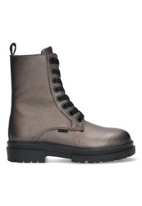Bottines en cuir métallisé marron, à bout rond, avec lacets noirs et semelle rugged. Comprend un logo en relief et une tirette à l'arrière.