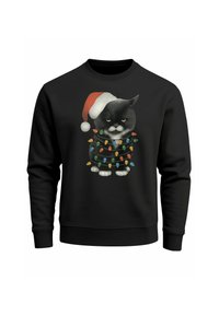 Schwarzer Pullover mit einer Grafik einer Katze, die einen Weihnachtsmannhut trägt, umgeben von bunten Lichterketten. Weicher Stoff, Rundhalsausschnitt.