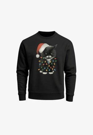 Black sweatshirt featuring a graphic of a cat wearing a Santa hat, surrounded by colorful holiday lights. Soft fabric, crew neck design.
