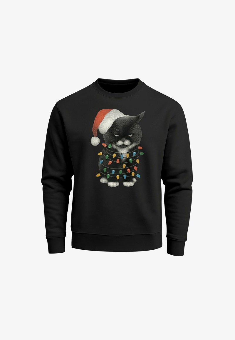 Schwarzer Pullover mit einer Grafik einer Katze, die einen Weihnachtsmannhut trägt, umgeben von bunten Lichterketten. Weicher Stoff, Rundhalsausschnitt.
