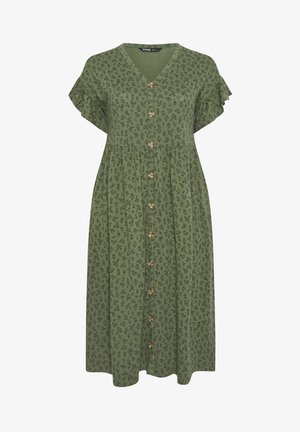 Sukienka midi w kolorze oliwkowej zieleni z krótkimi, falującymi rękawami, dekoltem w kształcie litery V, zapinana z przodu na guziki, ozdobiona drobnym, ciemnym kwiatowym wzorem na całej powierzchni.