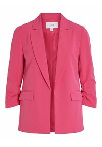 Różowy żakiet wykonany z lekkiego materiału, z rękawami o długości trzech ćwiartek, klapami typu notch oraz kieszeniami z przodu. Smukły, niestrukturalny design.