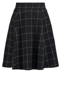 Black skirt with a textured finish and a white checked pattern. Flared design, reaching knee length with a fitted waistband.