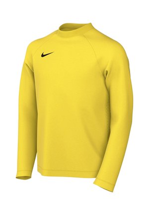 Gelbes Sport-Sweatshirt mit langen Ärmeln, rundem Halsausschnitt und kleinem schwarzem Nike-Logo auf der linken Brust.