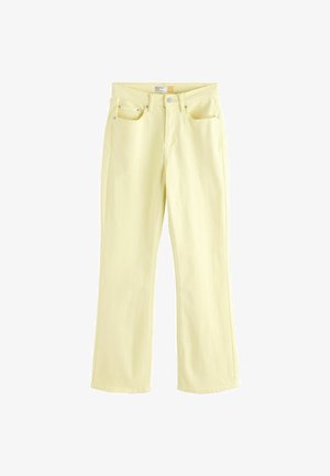 Světle žluté denimové kalhoty s rozšířenými nohavicemi, předními kapsami, poutky na pásek a zapínáním na knoflík.