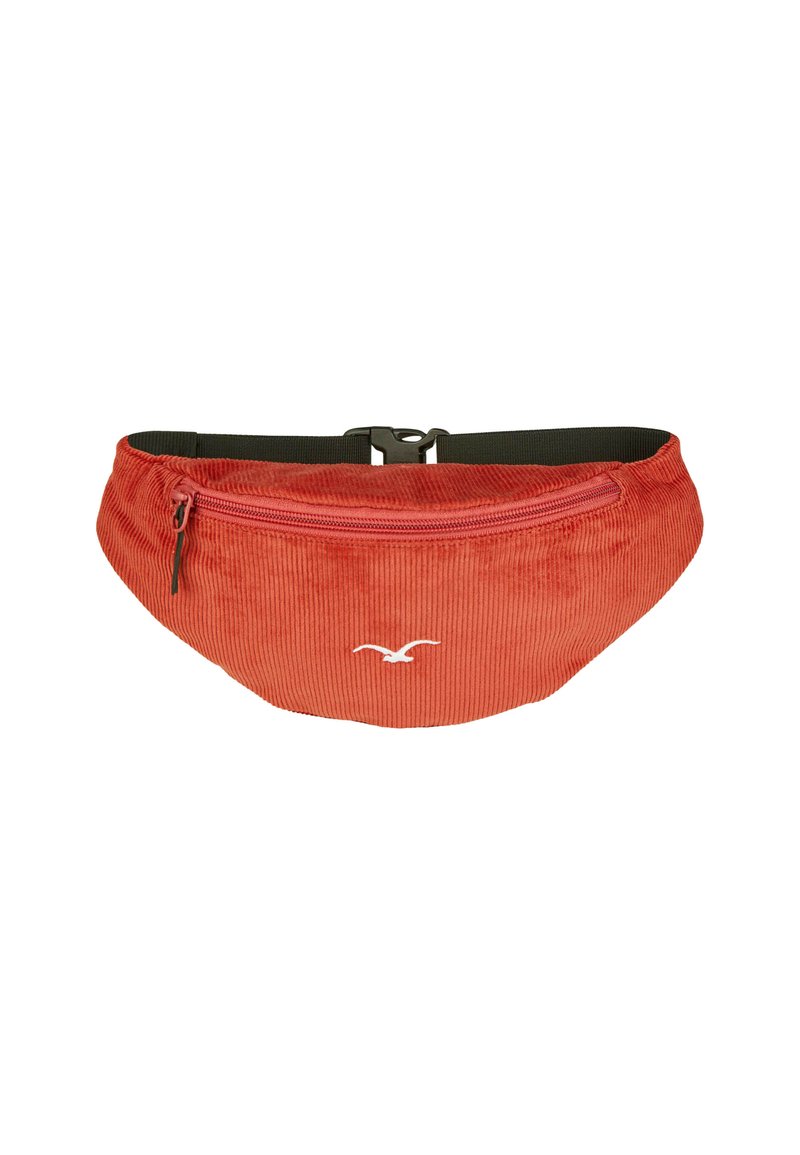 Roter Corduroy-Fanny-Pack mit einer vorderen Reißverschlusstasche und einem weißen Logo. Verfügt über einen verstellbaren schwarzen Riemen und ein abgerundetes Design.