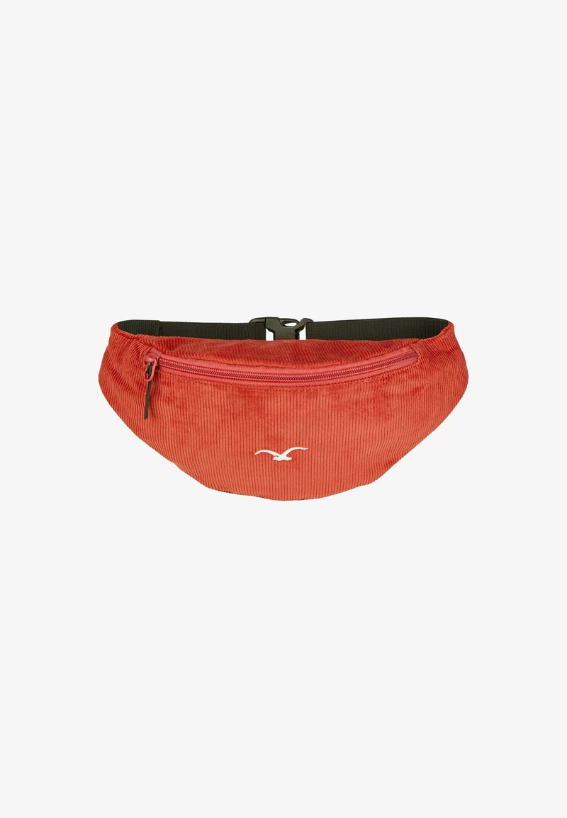 Roter Corduroy-Fanny-Pack mit einer vorderen Reißverschlusstasche und einem weißen Logo. Verfügt über einen verstellbaren schwarzen Riemen und ein abgerundetes Design.