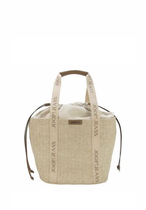 Bolsa tote de punto beige con cierre de cordón de tela y asas de tela con la marca "JOOP! JEANS".