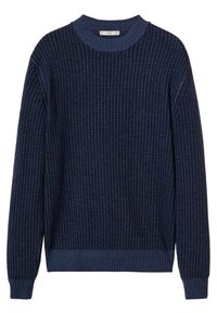 Maglione lavorato a maglia blu navy con motivo testurizzato, scollo rotondo e polsini e orlo a coste. Realizzato in materiale morbido.